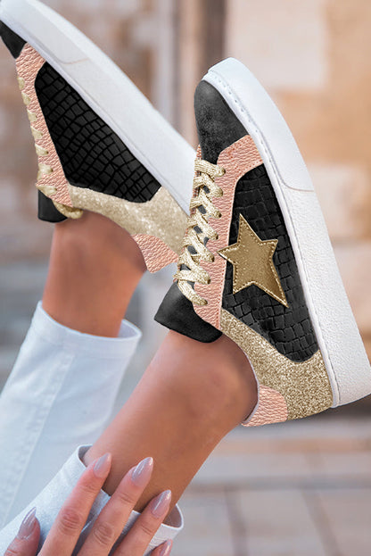 Rose Gold Glitter Star Leather Lace-up Sneakers