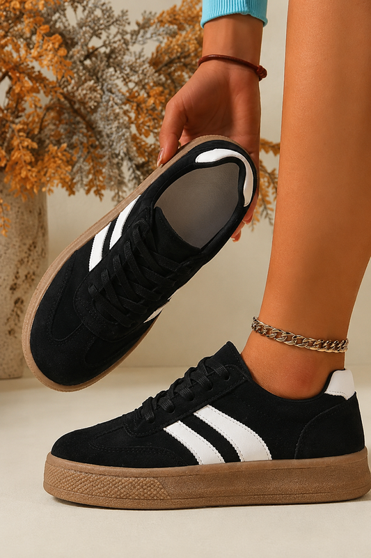 Ivory Stripe Black Suede Platform Sneakers