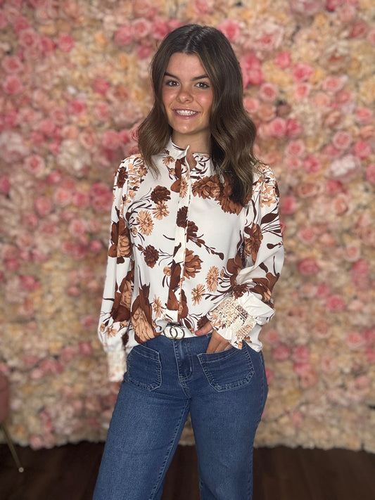 Brown Floral Poet Sleeve Blouse