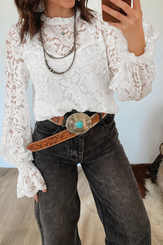 White Ruffled Sheer Lace Blouse