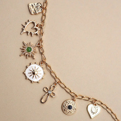 Charm Necklace-Heart Cross Sunburst Stone
