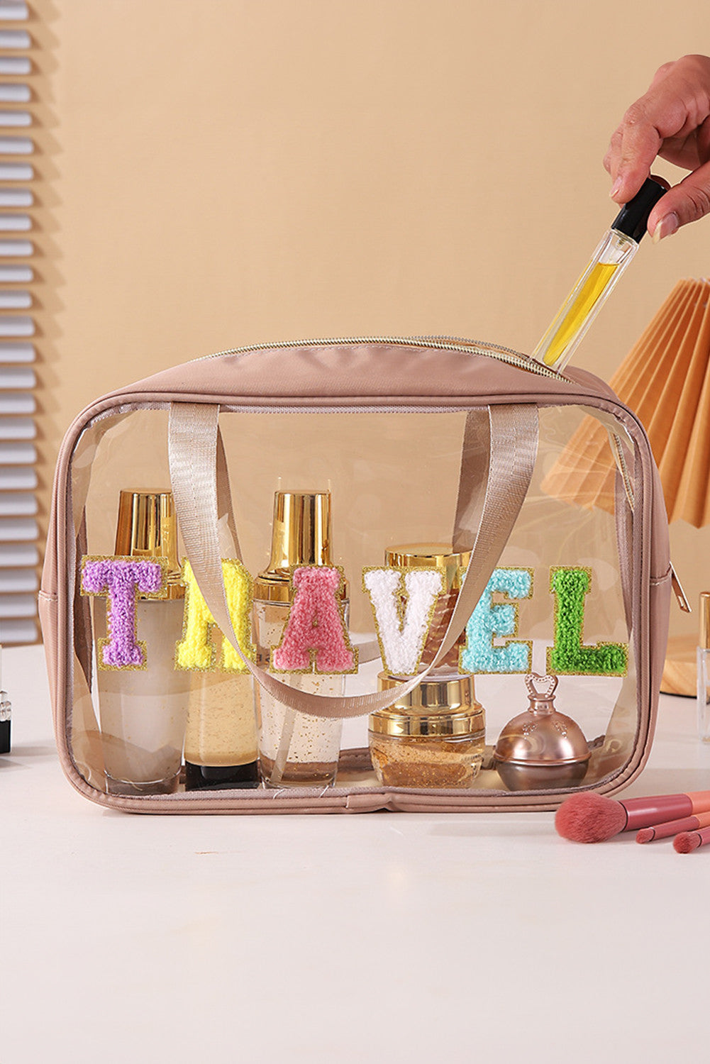 Tan Chenille Letter Travel Bag