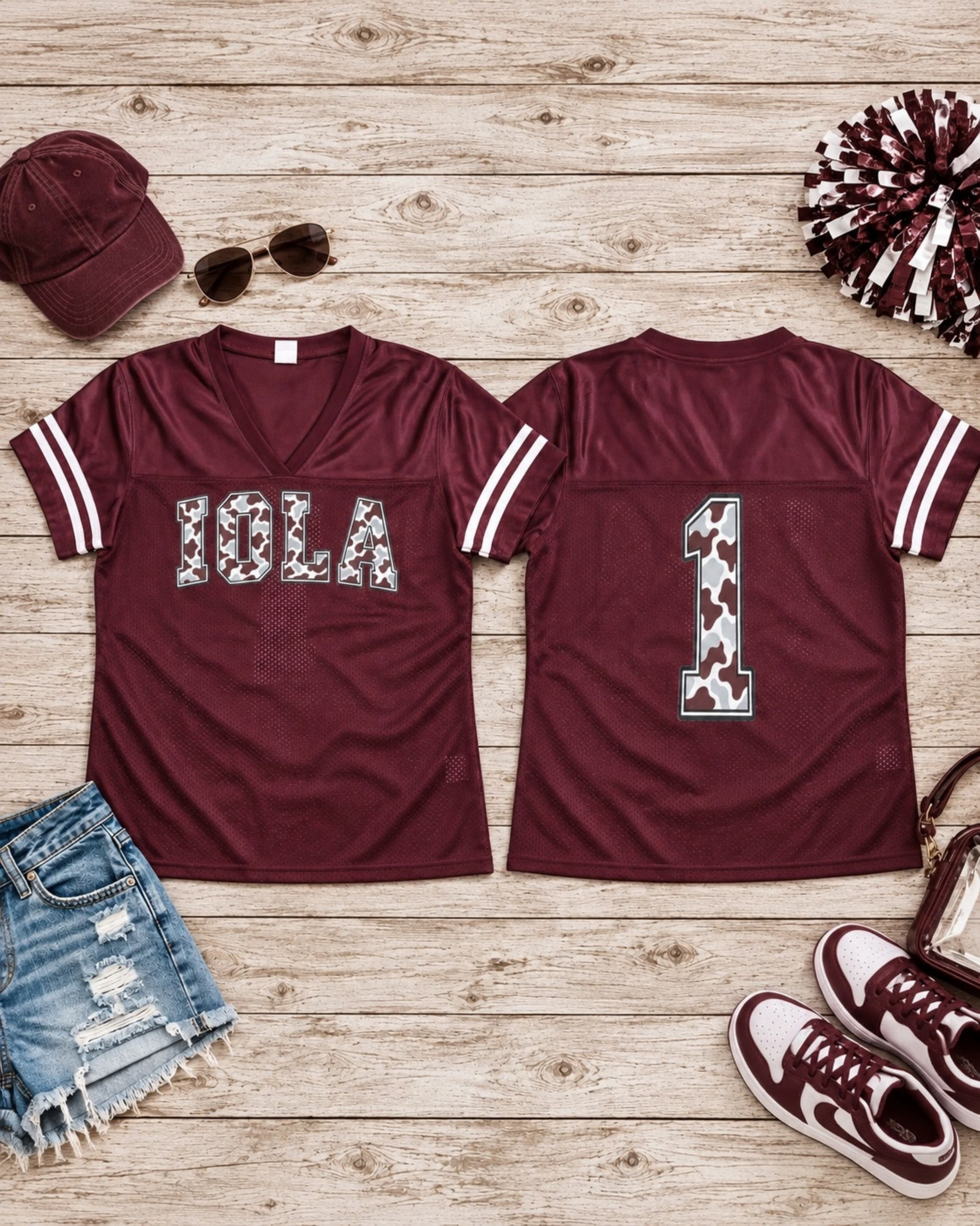 Maroon & White Camo Iola Jersey Top
