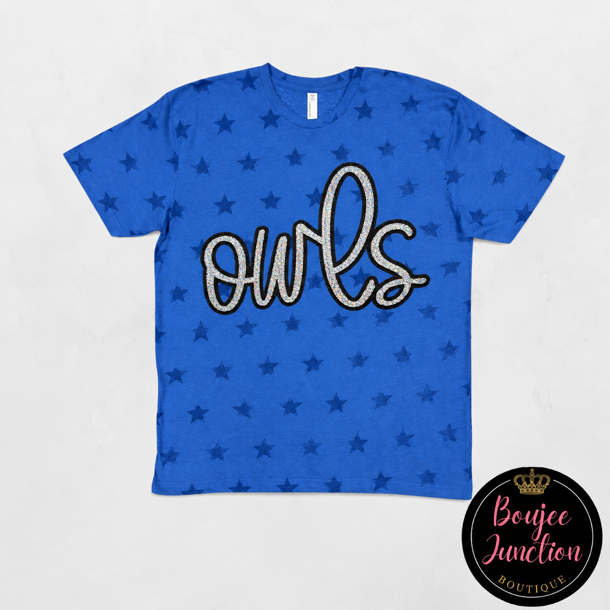 Blue Sequin Owls Star Shirt