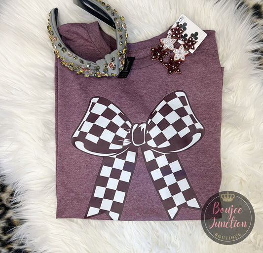 Maroon & White Checkered Bow Tee