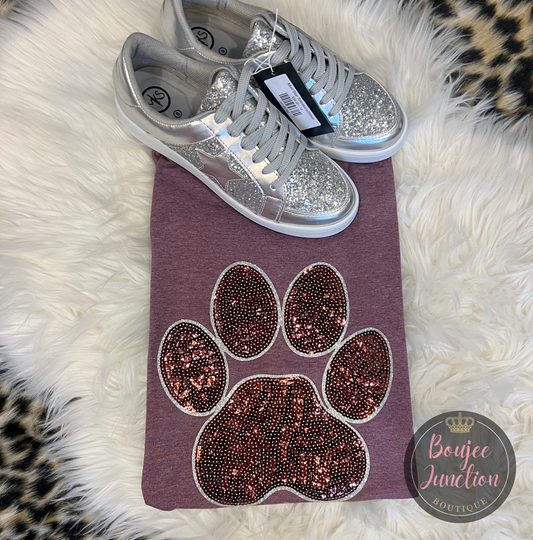Maroon Sequined Paw Print Tee