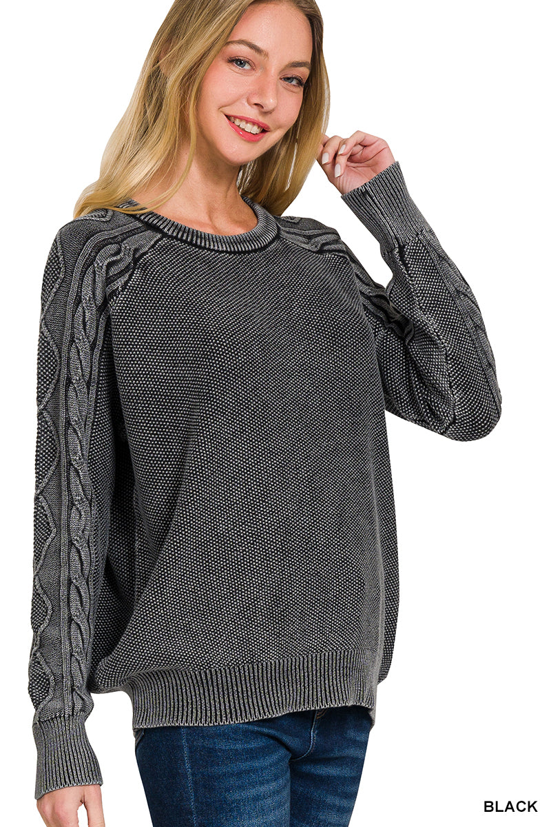 Stone Washed Cable-Sleeve Crewneck Sweater