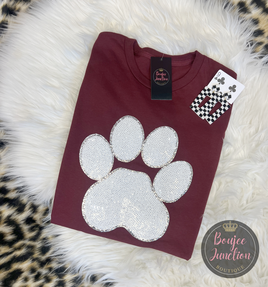 White Sequined Paw Print Tee