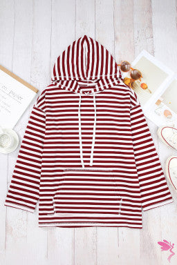 Burgundy Stripe Kangaroo Pocket Drawstring Hoodie