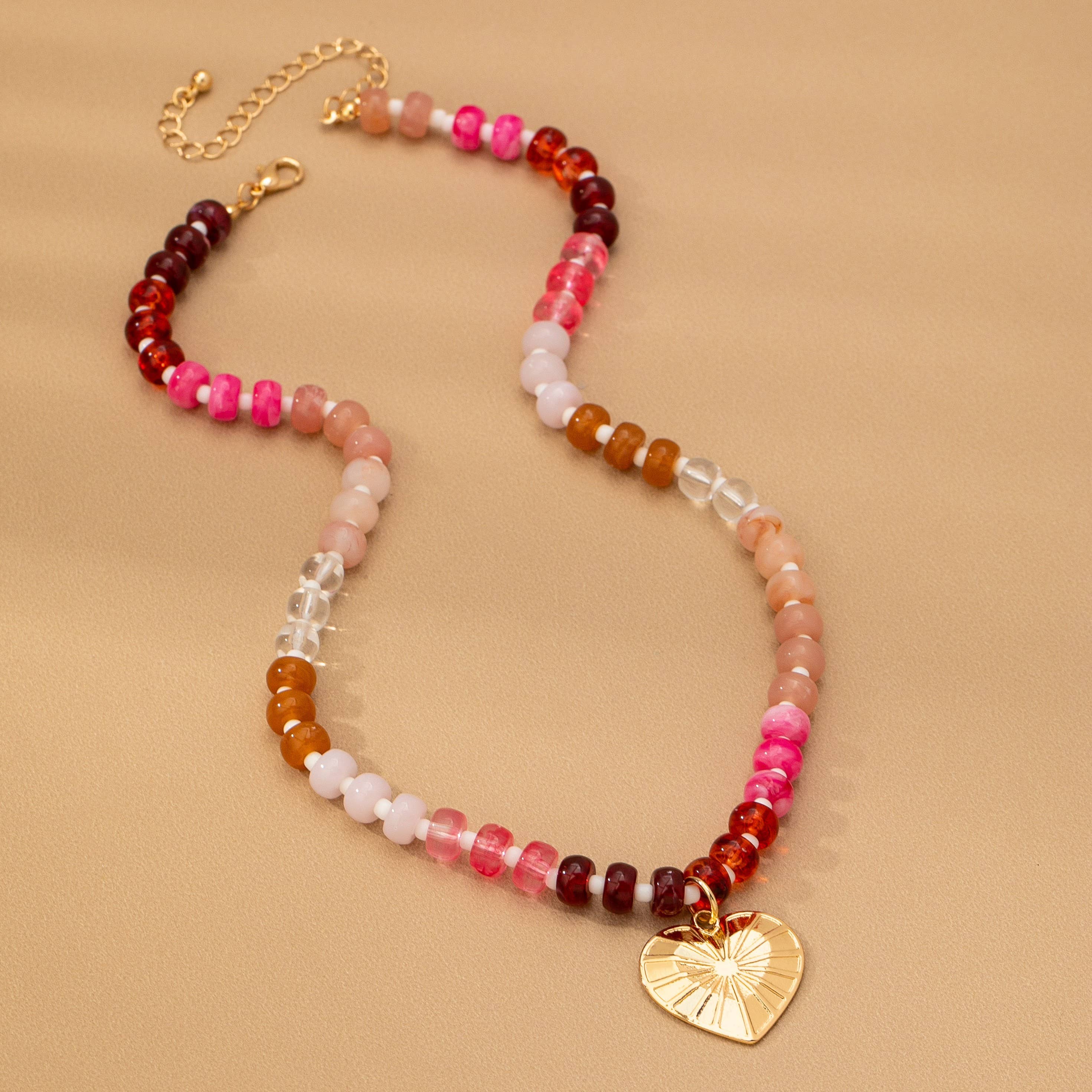 Multicolor Beaded Heart Charm Necklace