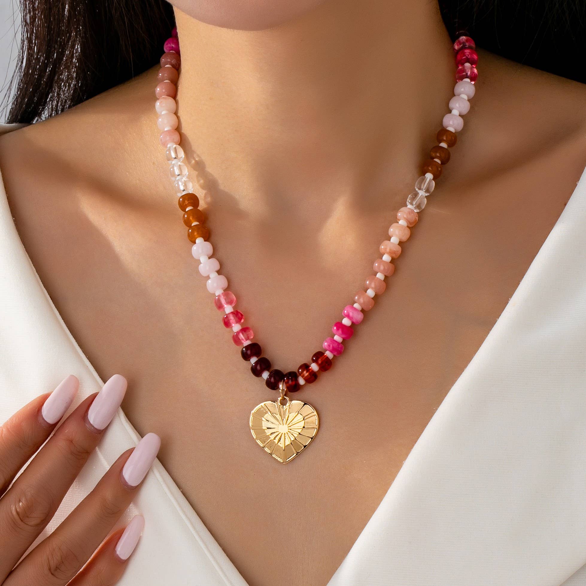 Multicolor Beaded Heart Charm Necklace