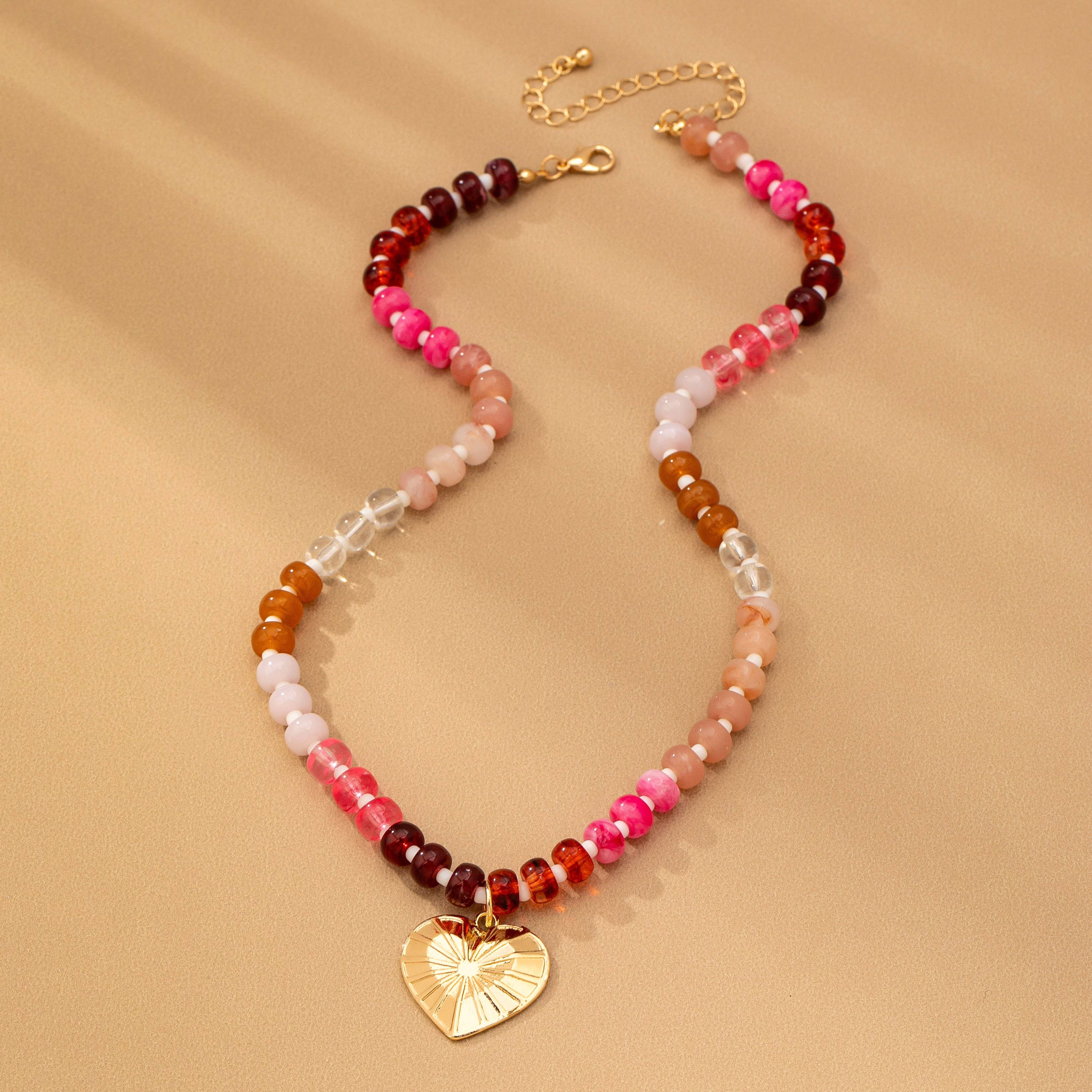 Multicolor Beaded Heart Charm Necklace
