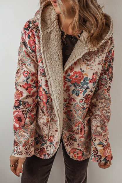 Vintage Paisley Floral Printed Sherpa Lined Hooded Jacket