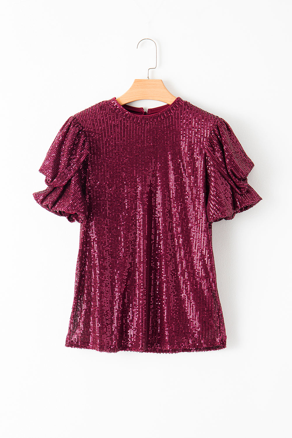 Maroon Glittering Sequin Short Bubble Sleeve Blouse