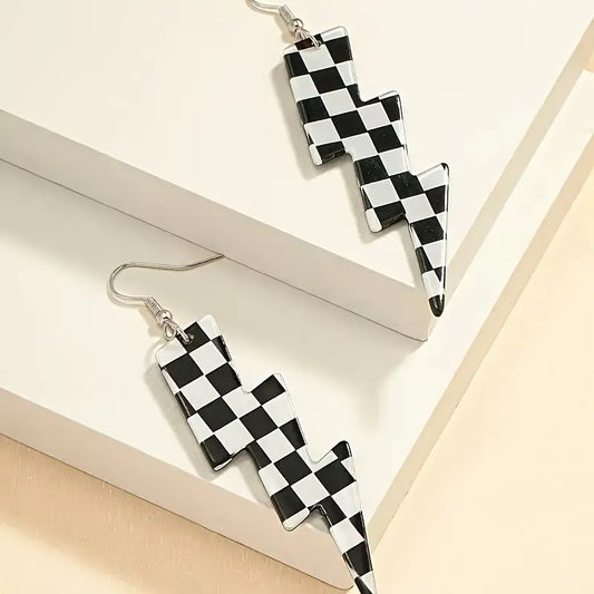 Black Checkered Lightning Volt Earrings