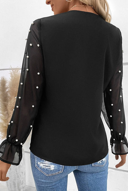 Black Pearl Mesh Sleeve V Neck Blouse