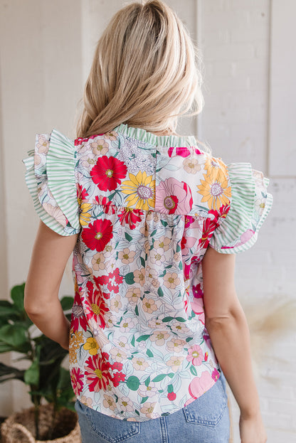 Pink Floral Print Contrast Ruffle Trim Blouse