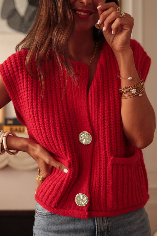 Red Solid Textured Knit Side Pockets Buttoned Sweater Vest