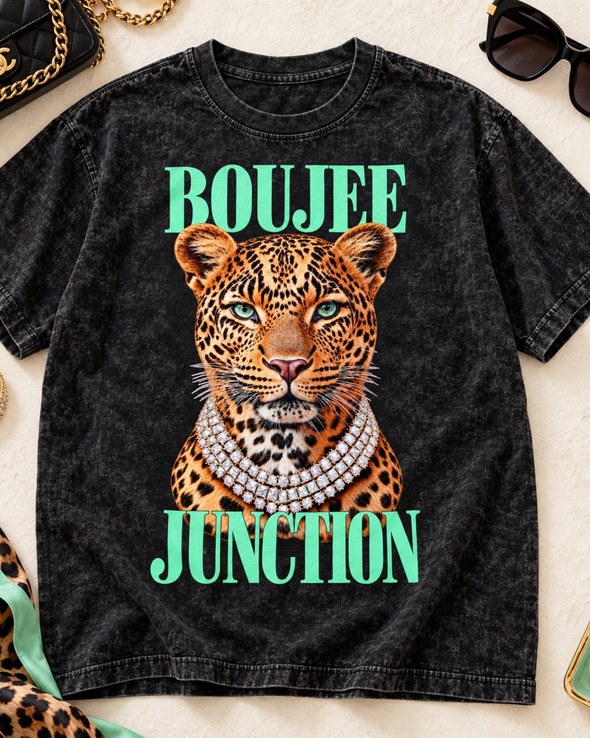 Boujee Junction Black Acid Wash Tee