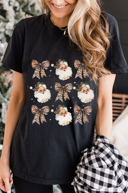 Santa Claus Leopard Bow Print Crew Neck Casual Tee