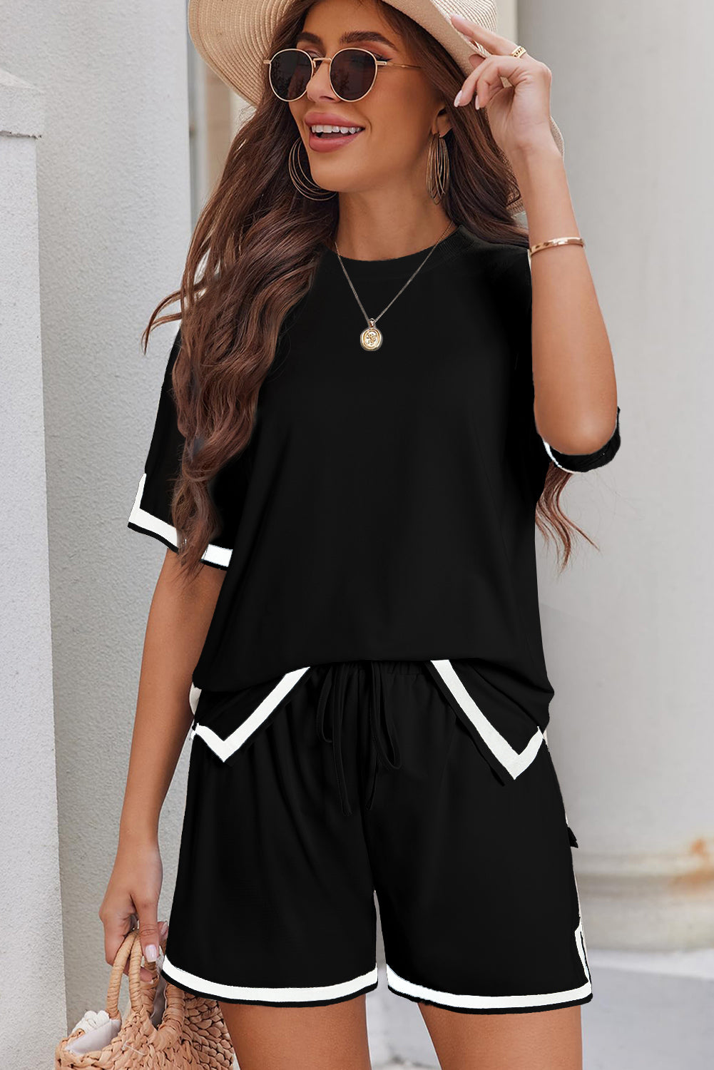 Black w/ White Trim 2 Piece Shorts Set