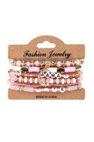 Pink Love Mama Moon Pendant Beaded 6pcs Bracelet Set
