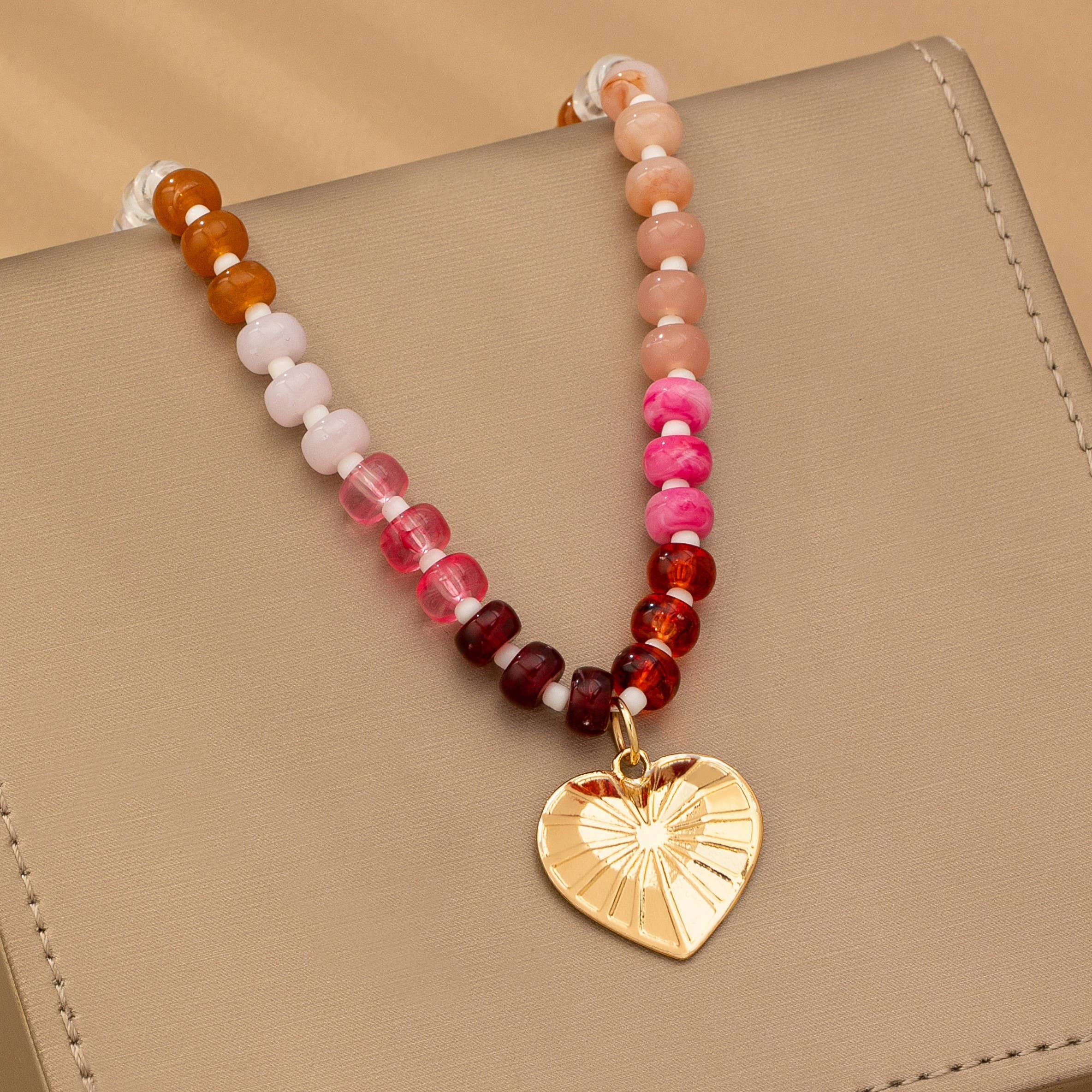 Multicolor Beaded Heart Charm Necklace