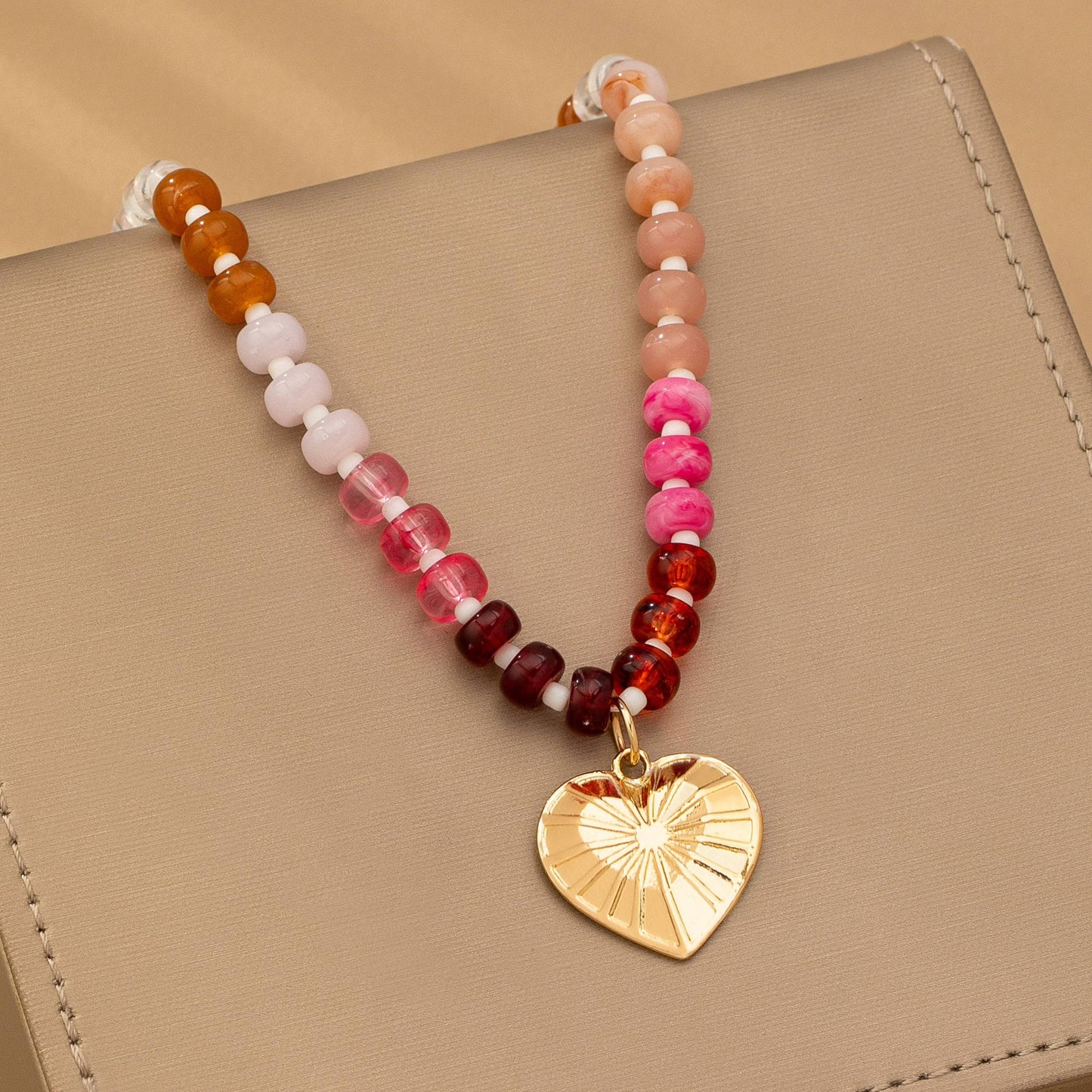 Multicolor Beaded Heart Charm Necklace