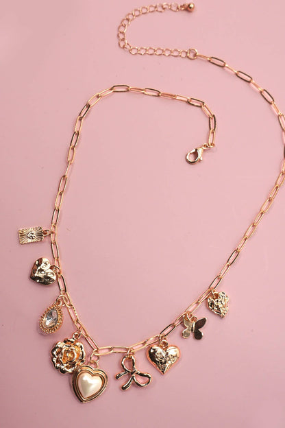 Charm Necklace-Bow Heart Rhinestone Flower