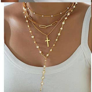 Layered Gold & Pearl Cross Statement Necklace Stack