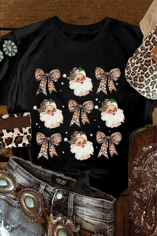 Santa Claus Leopard Bow Print Crew Neck Casual Tee