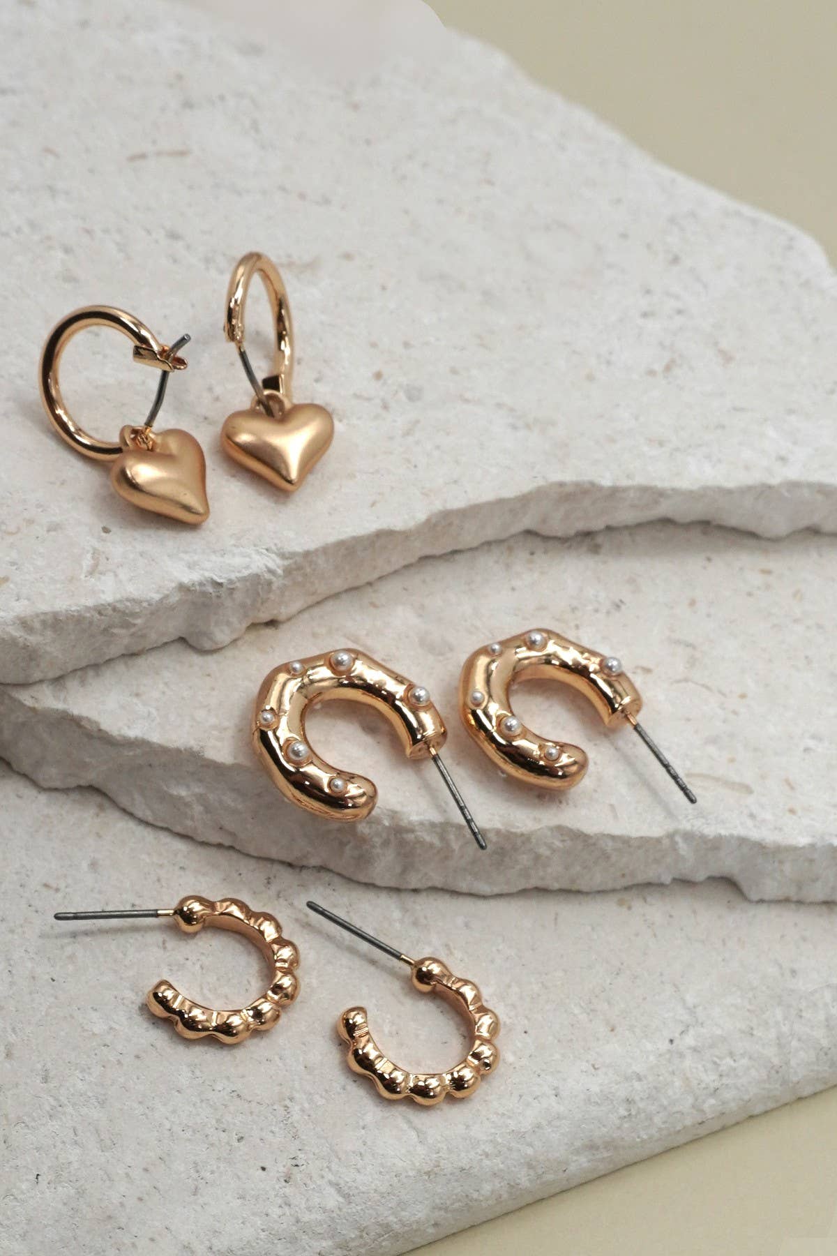Heart Drop Pearl Studded Hoop Trio Earring