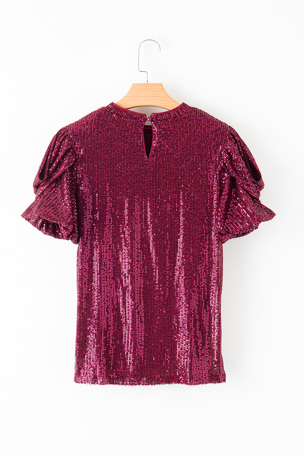 Maroon Glittering Sequin Short Bubble Sleeve Blouse