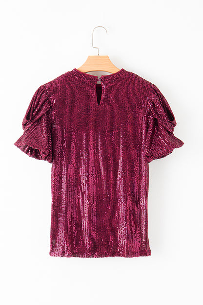 Maroon Glittering Sequin Short Bubble Sleeve Blouse