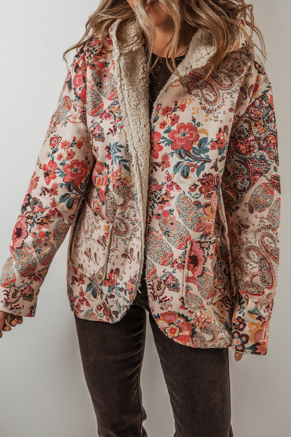 Vintage Paisley Floral Printed Sherpa Lined Hooded Jacket