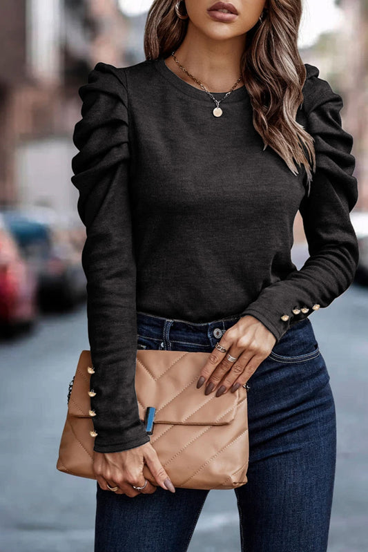 Black Buttoned Puff Long Sleeve Top