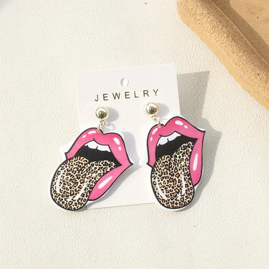 Tongue Out Pink Lip Cheetah Earrings