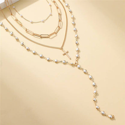 Layered Gold & Pearl Cross Statement Necklace Stack