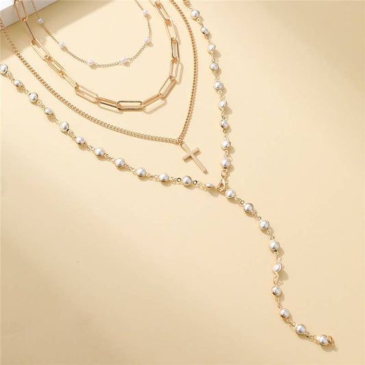 Layered Gold & Pearl Cross Statement Necklace Stack