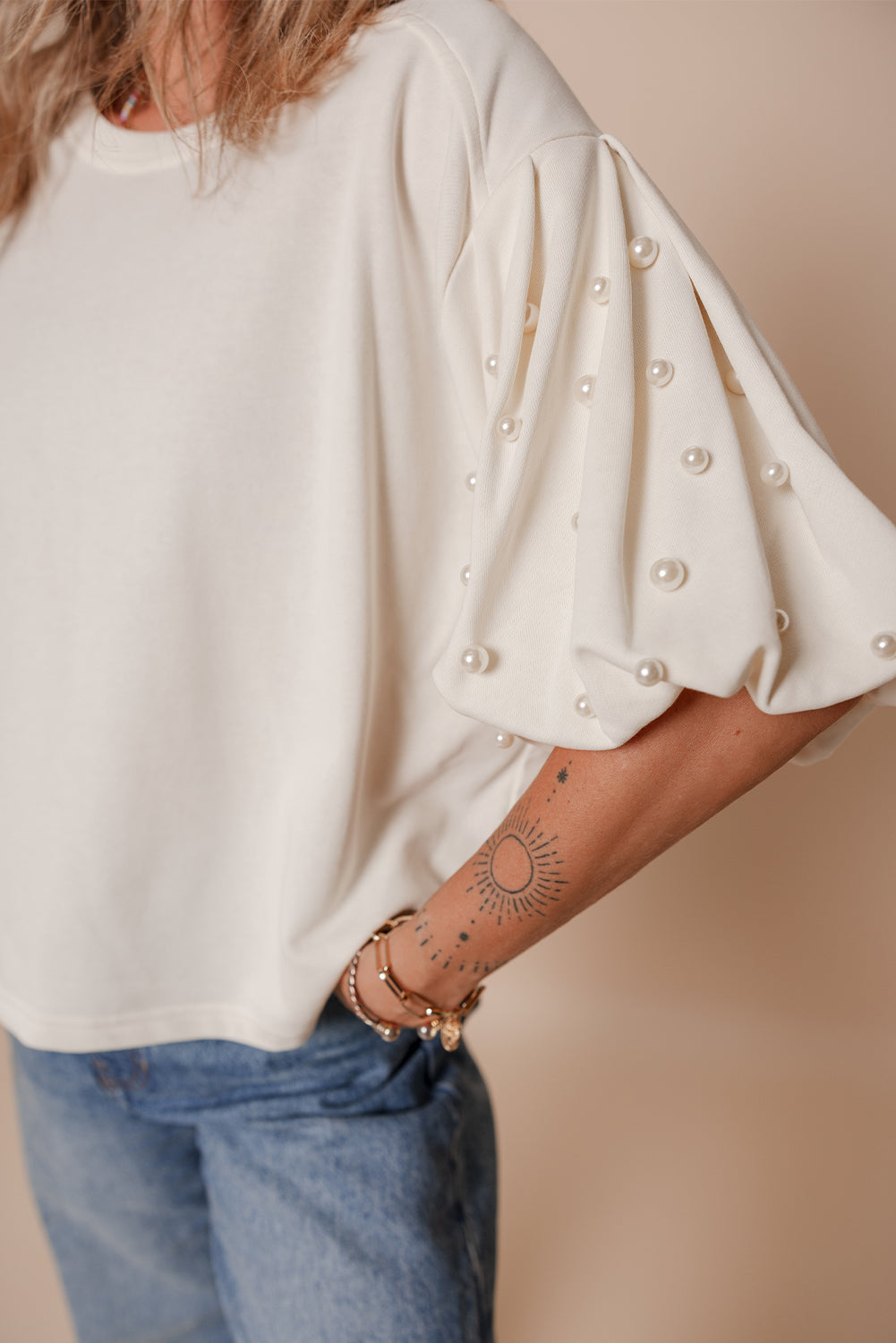 White Pearled Puff Sleeve Top