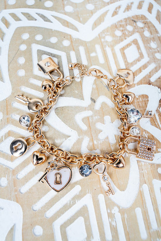 Under Lock and Key Crystal Goldtone Charm Bracelet