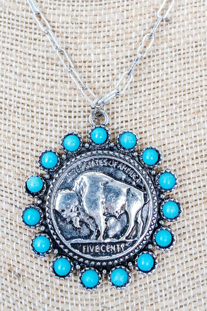 Turquoise Nickel & Dime Silvertone Necklace