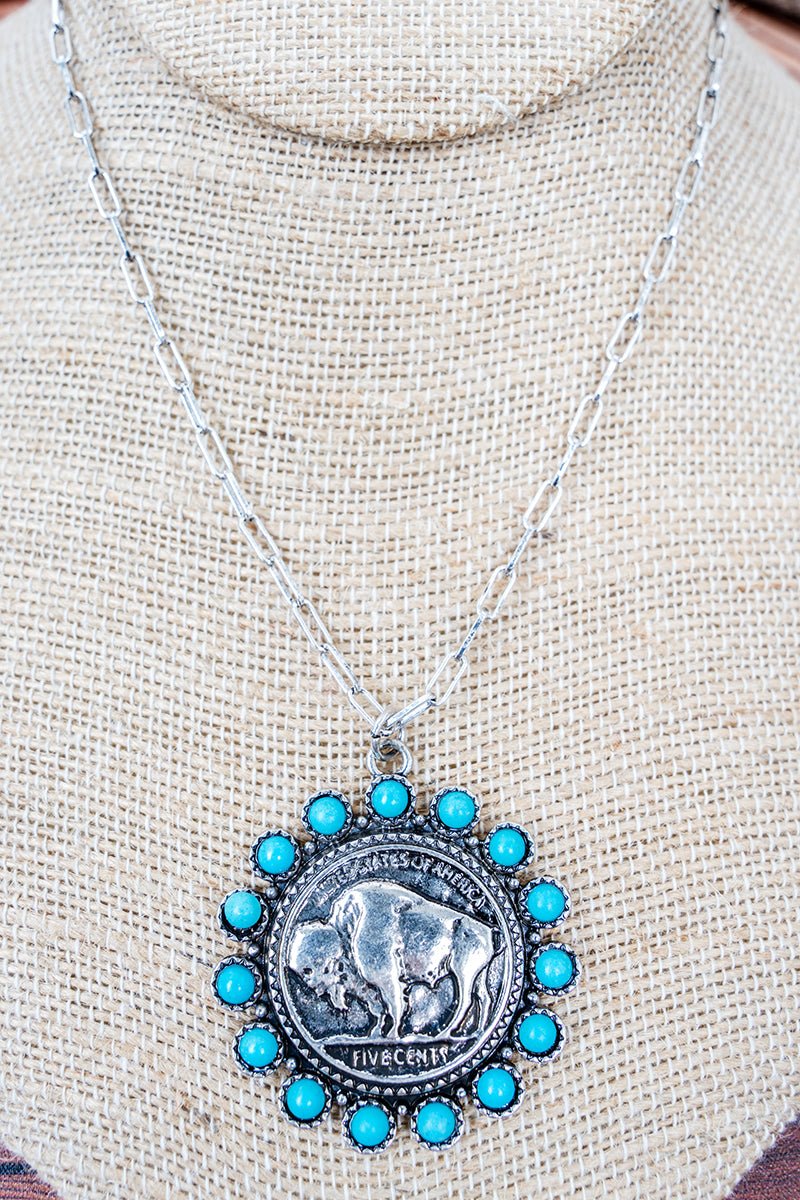 Turquoise Nickel & Dime Silvertone Necklace